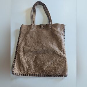 Officina ORIGI Italy Brown Studded Distressed Leather Tote Bag w/ Pouch Button